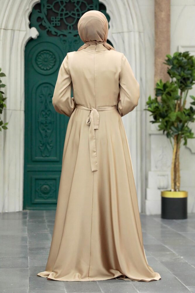 Neva Style - Satin Beige Islamic Long Sleeve Maxi Dress 38031BEJ - 4