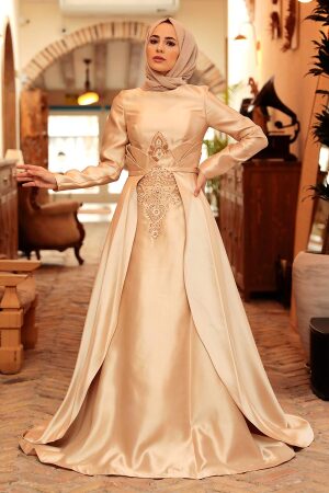 Neva Style - Satin Beige Muslim Bridesmaid Dress 284BEJ - Thumbnail