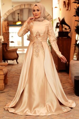 Neva Style - Satin Beige Muslim Bridesmaid Dress 284BEJ - Thumbnail