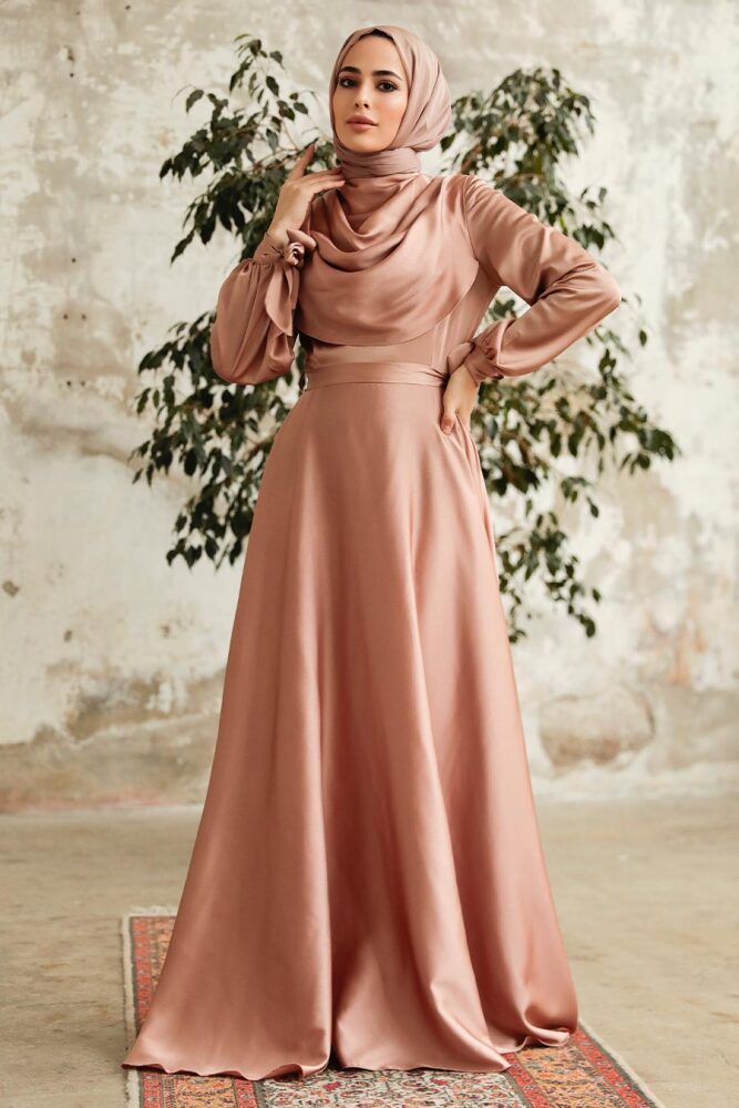 Neva Style - Satin Biscuit Islamic Long Sleeve Maxi Dress 38031BS - 1
