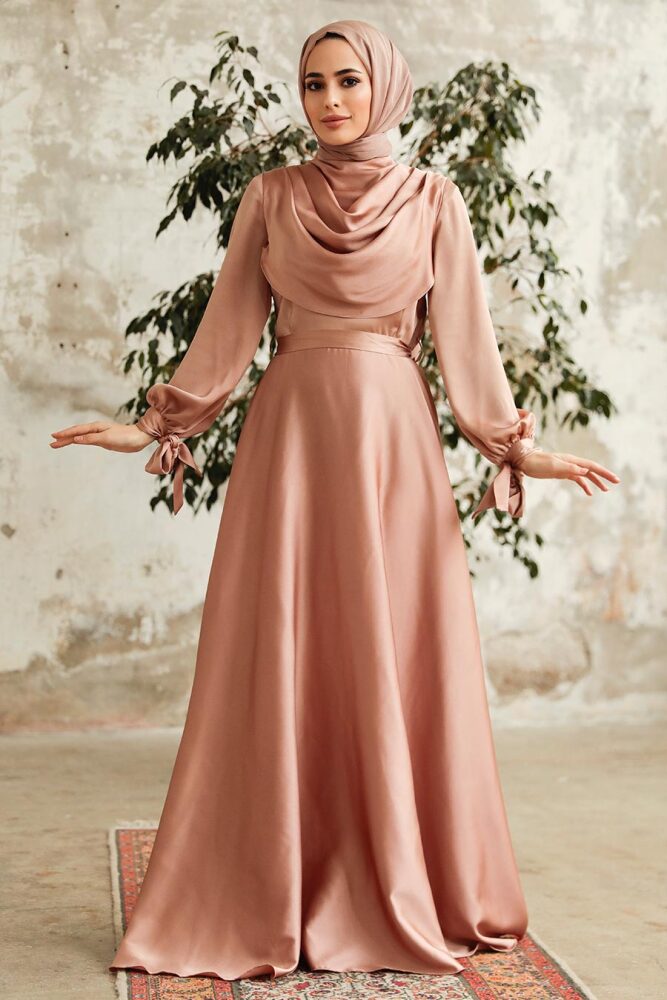 Neva Style - Satin Biscuit Islamic Long Sleeve Maxi Dress 38031BS - 2