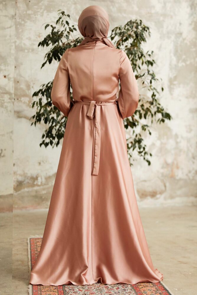 Neva Style - Satin Biscuit Islamic Long Sleeve Maxi Dress 38031BS - 3