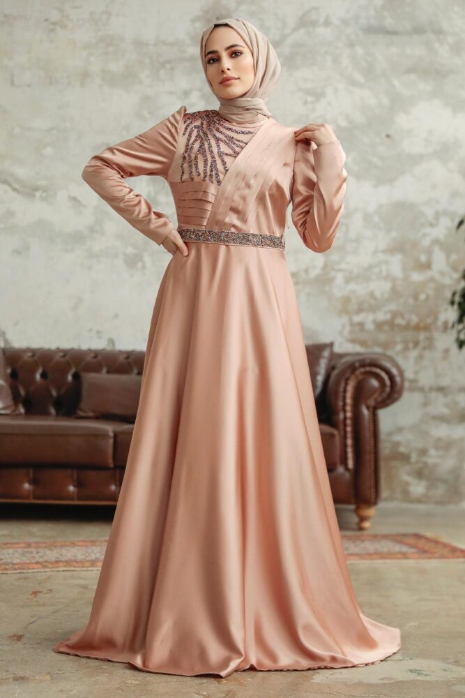 Satin Biscuit Islamic Wedding Dress 3967BS - 3