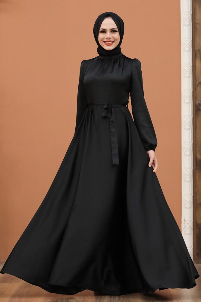 Neva Style - Satin Black Islamic Engagement Dress 25131S - 1