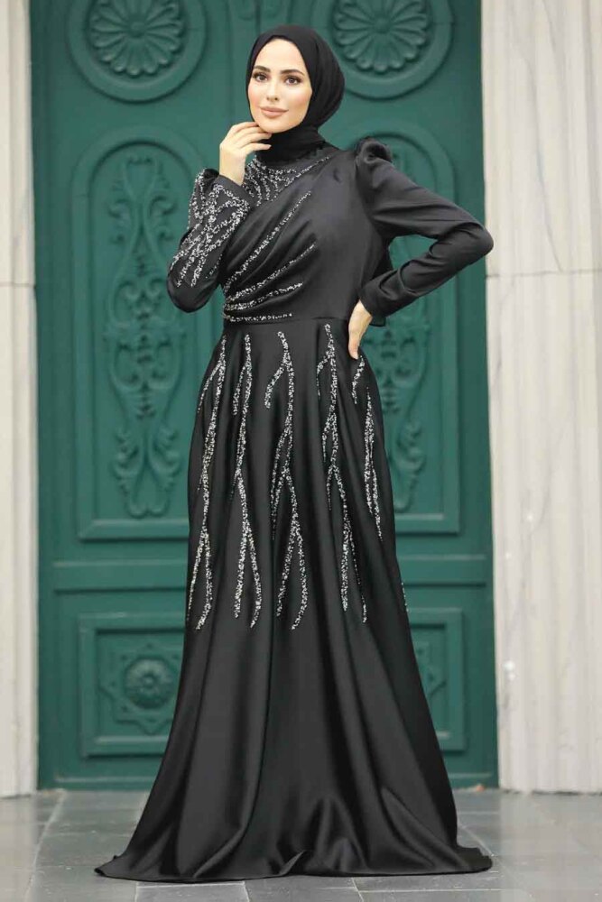 Satin Black Islamic Long Sleeve Dress 3984S - 1