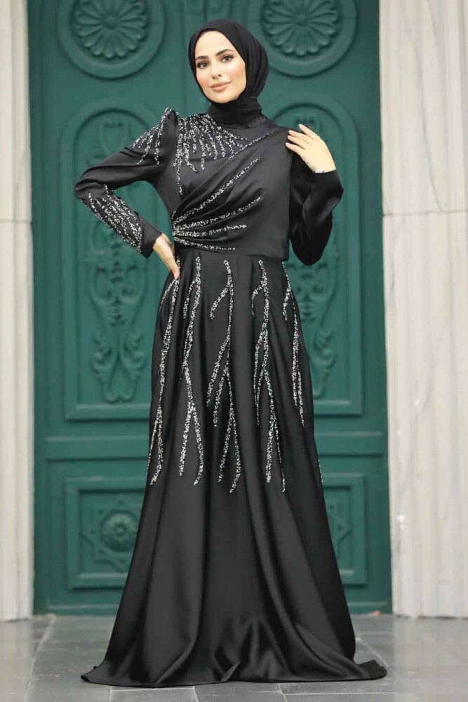 Satin Black Islamic Long Sleeve Dress 3984S - 2