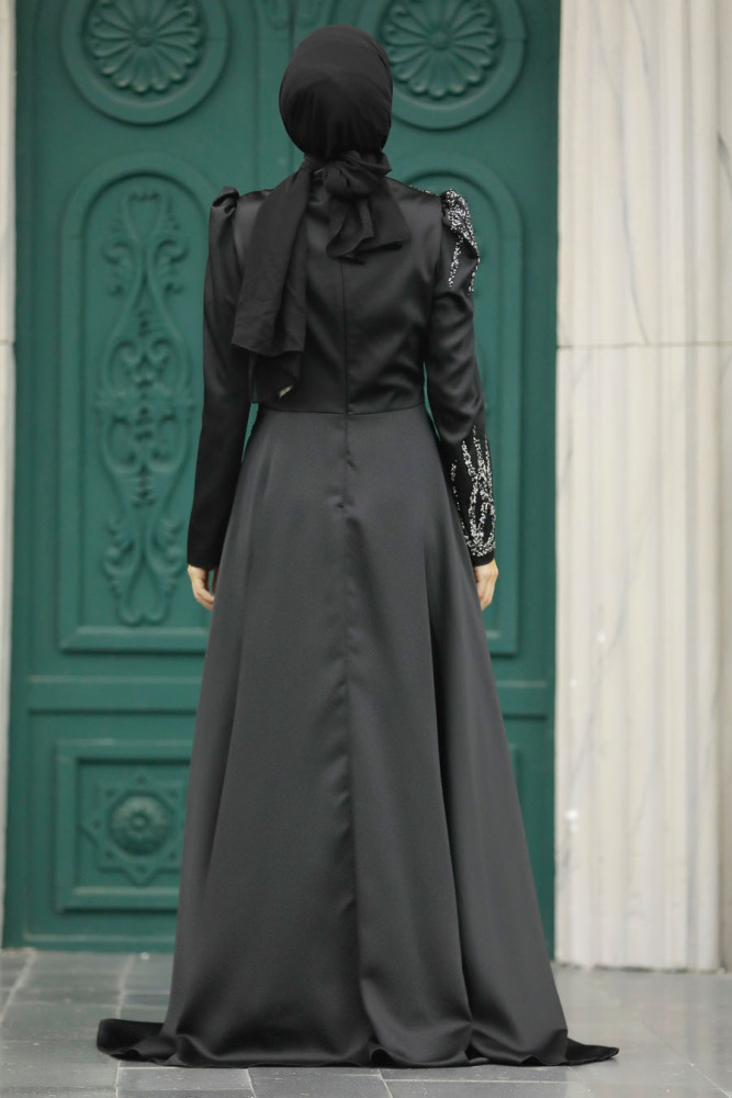 Satin Black Islamic Long Sleeve Dress 3984S - 3