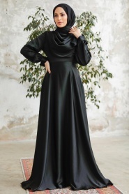 Neva Style - Satin Black Islamic Long Sleeve Maxi Dress 38031S - Thumbnail