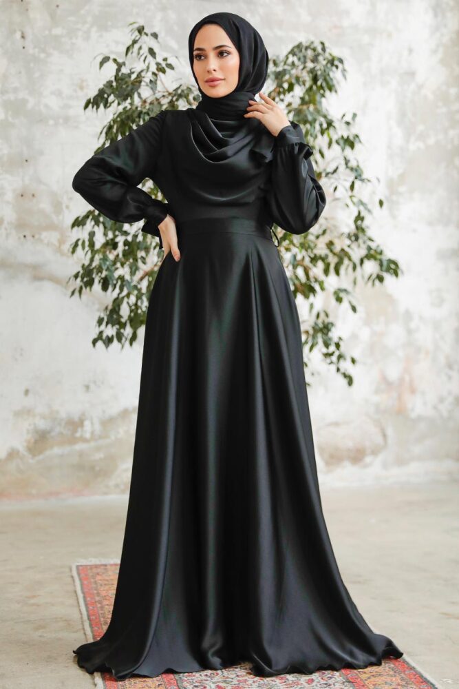 Neva Style - Satin Black Islamic Long Sleeve Maxi Dress 38031S - 1