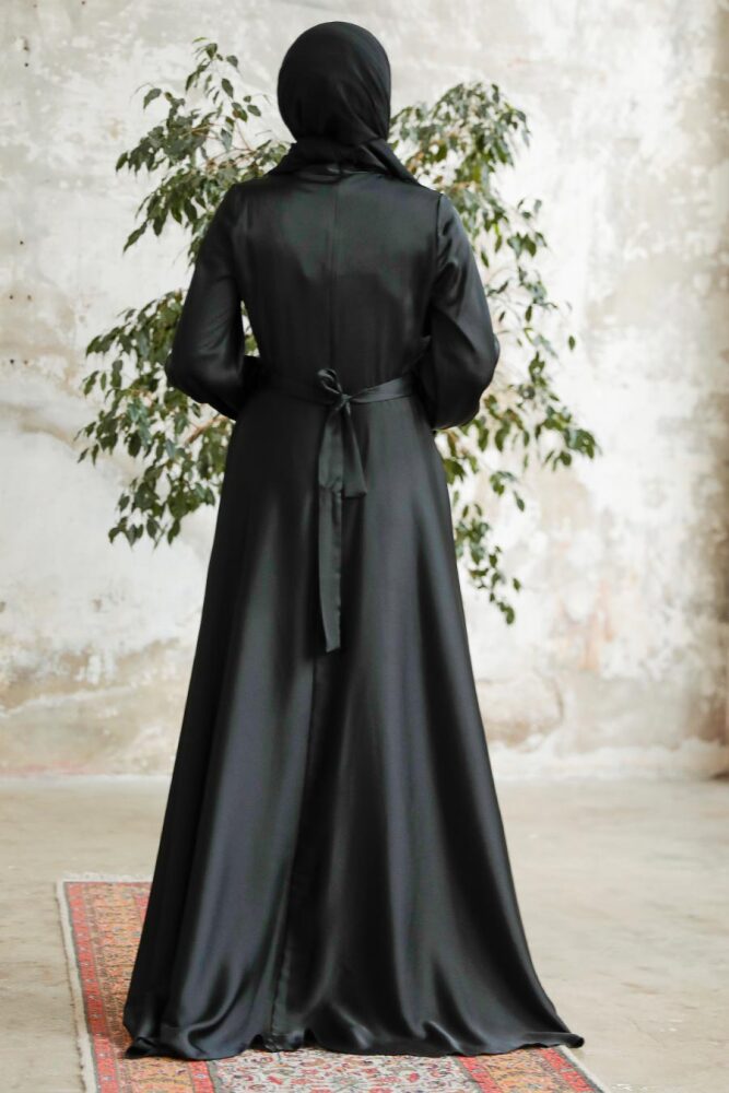 Neva Style - Satin Black Islamic Long Sleeve Maxi Dress 38031S - 2