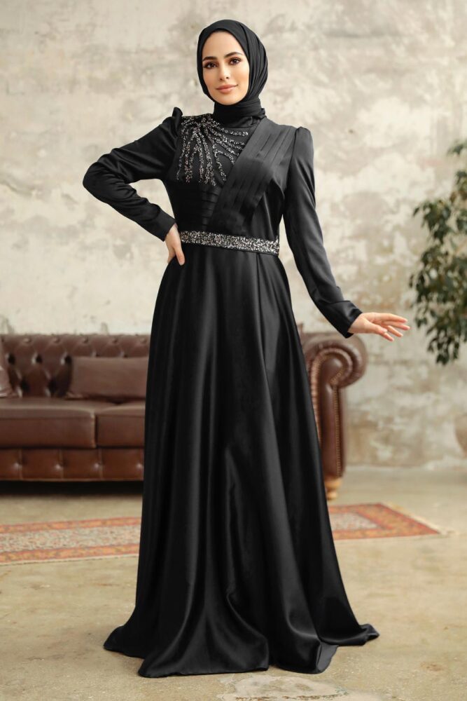 Satin Black Islamic Wedding Dress 3967S - 1