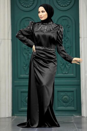 Satin Black Modest Islamic Clothing Evening Dress 41312S - 1