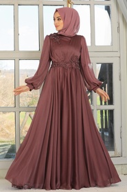 Neva Style - Satin Brown Islamic Engagement Dress 21630KH - Thumbnail