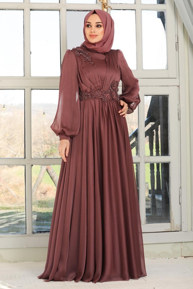 Neva Style - Satin Brown Islamic Engagement Dress 21630KH - 2