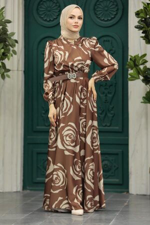 Satin Brown Islamic Evening Dress 39232KH - 2