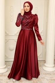 Neva Style - Satin Claret Red Hijab Prom Dress 2239BR - Thumbnail