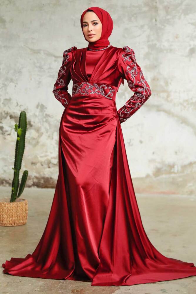 Neva Style - Satin Claret Red Islamic Clothing Wedding Dress 2282BR - 1