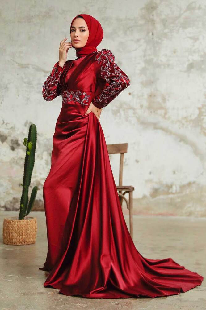 Neva Style - Satin Claret Red Islamic Clothing Wedding Dress 2282BR - 3