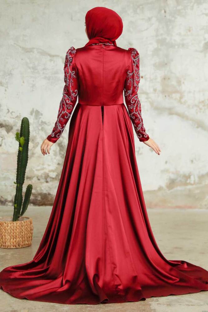 Neva Style - Satin Claret Red Islamic Clothing Wedding Dress 2282BR - 4