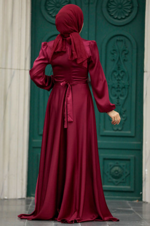 Neva Style - Satin Claret Red Islamic Engagement Dress 25131BR - Thumbnail