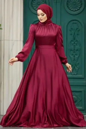 Satin Claret Red Islamic Engagement Dress 25131BR - 1