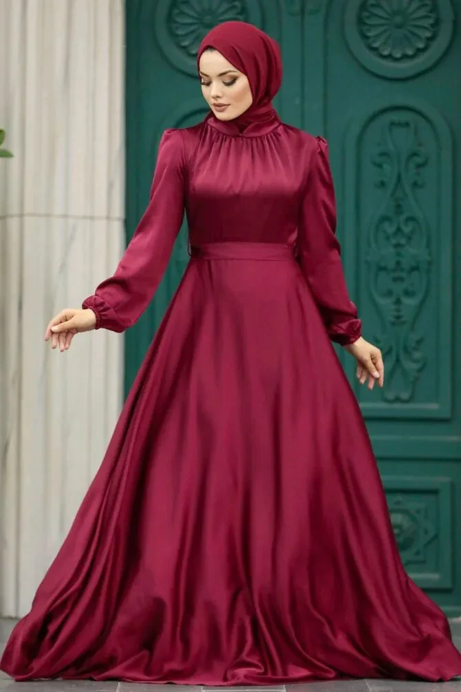 Satin Claret Red Islamic Engagement Dress 25131BR - 1