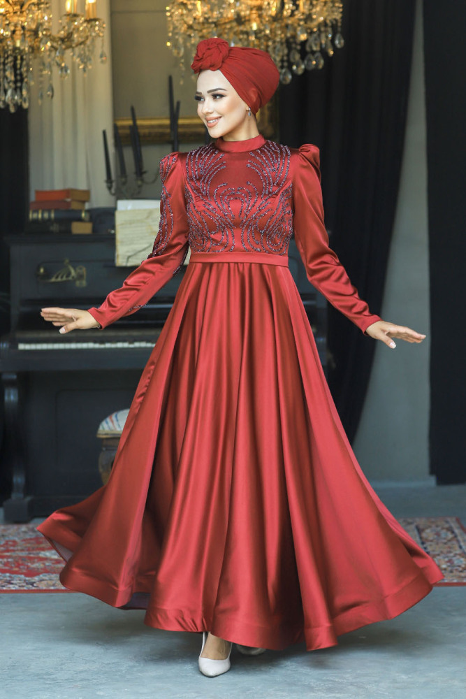 Satin Claret Red Islamic Evening Dress 23191BR - 1