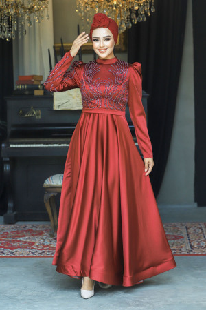 Satin Claret Red Islamic Evening Dress 23191BR - 2