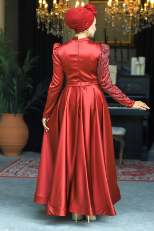 Satin Claret Red Islamic Evening Dress 23191BR - 3