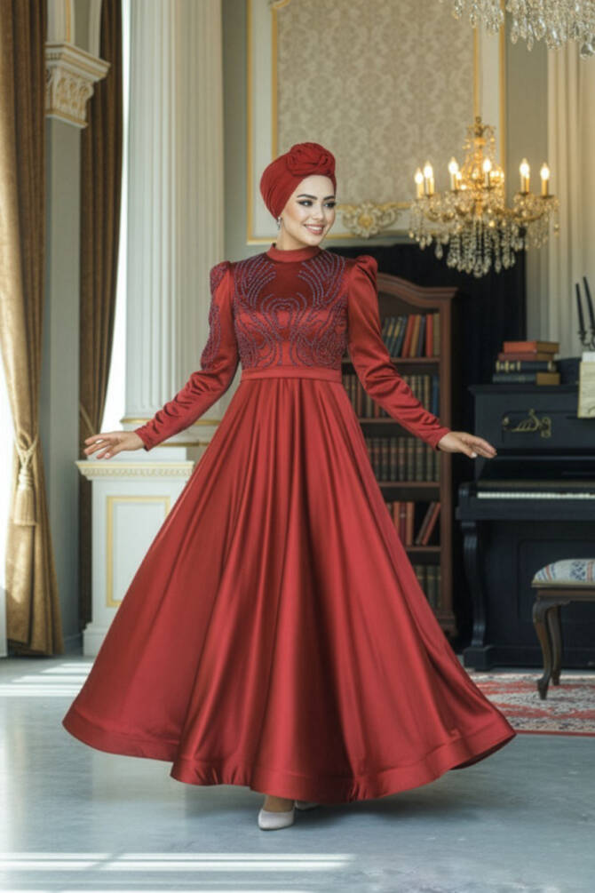Satin Claret Red Islamic Evening Dress 23191BR - 1