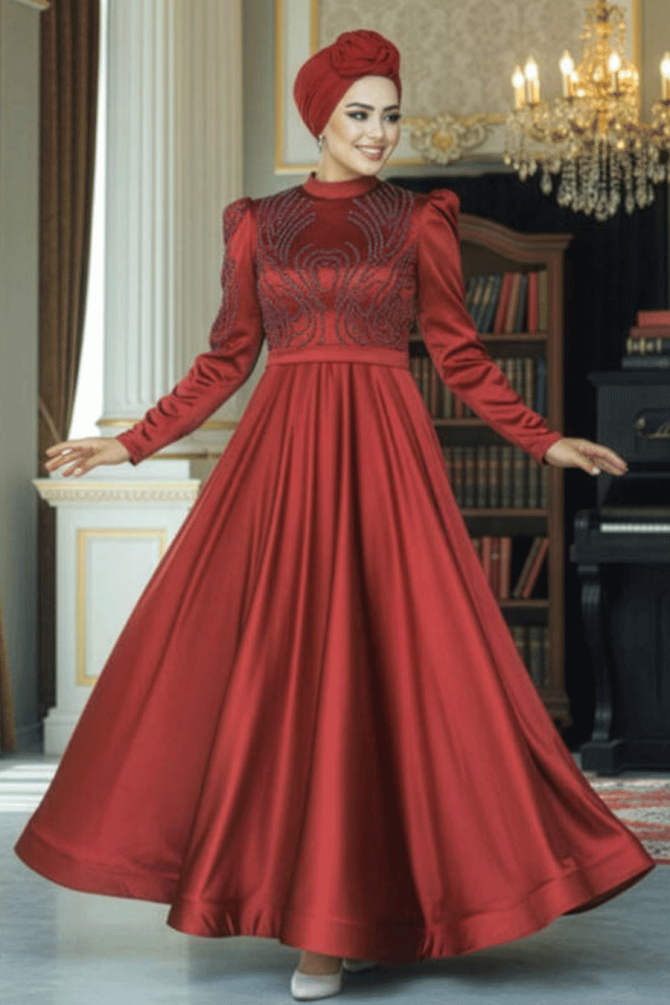 Satin Claret Red Islamic Evening Dress 23191BR - 1