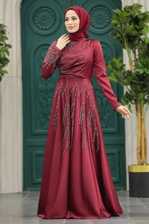 Satin Claret Red Islamic Long Sleeve Dress 3984BR - 1