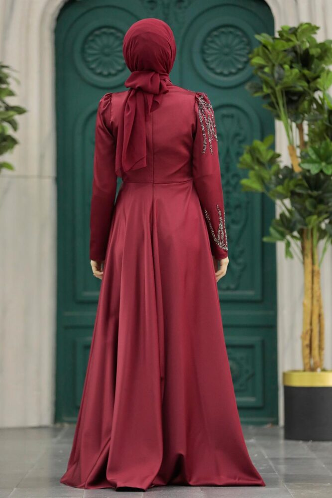 Satin Claret Red Islamic Long Sleeve Dress 3984BR - 3