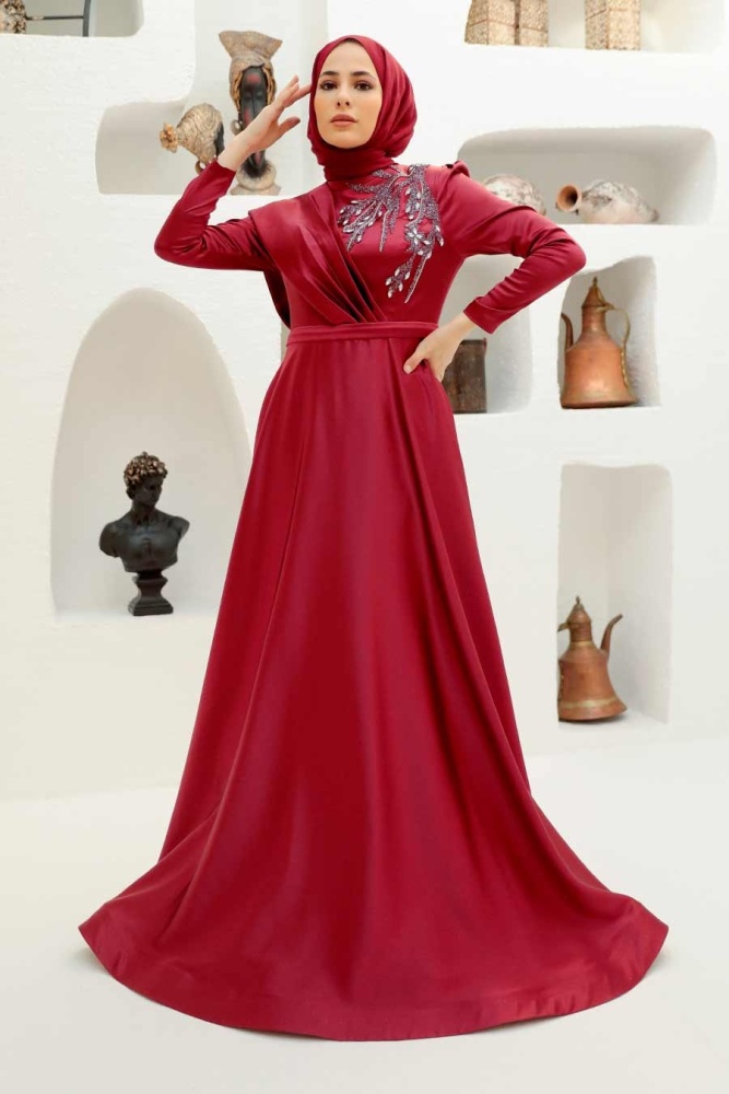 Neva Style - Satin Claret Red Modest Islamic Clothing Evening Dress 22441BR - 1