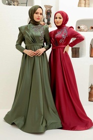 Neva Style - Satin Claret Red Modest Islamic Clothing Evening Dress 22441BR - Thumbnail