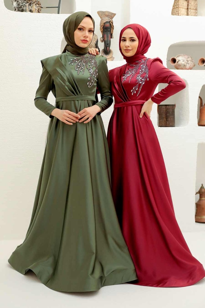 Neva Style - Satin Claret Red Modest Islamic Clothing Evening Dress 22441BR - 2