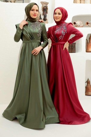 Neva Style - Satin Claret Red Modest Islamic Clothing Evening Dress 22441BR - Thumbnail