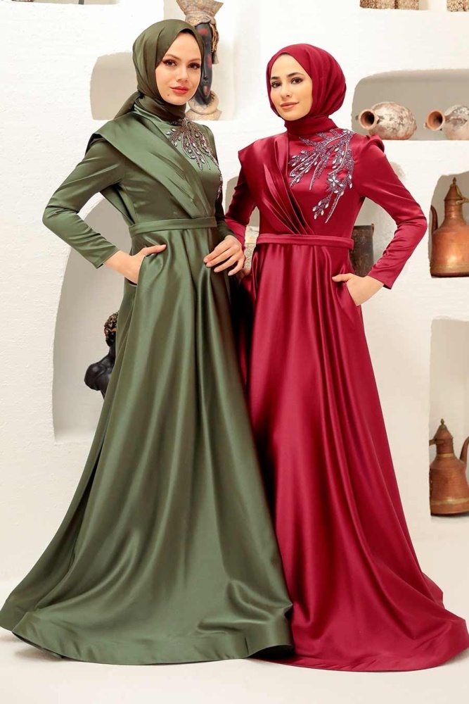 Neva Style - Satin Claret Red Modest Islamic Clothing Evening Dress 22441BR - 5