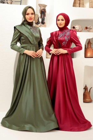 Neva Style - Satin Claret Red Modest Islamic Clothing Evening Dress 22441BR - Thumbnail