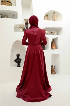 Neva Style - Satin Claret Red Modest Islamic Clothing Evening Dress 22441BR - Thumbnail