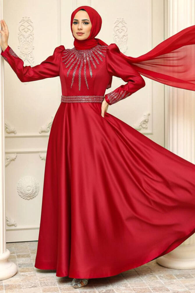 Neva Style - Satin Claret Red Modest Islamic Clothing Wedding Dress 22840BR - TESETTÜRLÜ ABİYE ELBİSELER