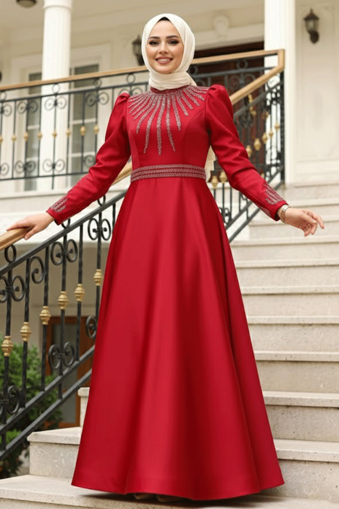 Neva Style - Satin Claret Red Modest Islamic Clothing Wedding Dress 22840BR - 1