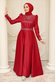 Neva Style - Satin Claret Red Modest Islamic Clothing Wedding Dress 22840BR - Thumbnail