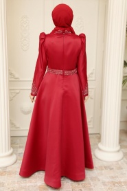 Neva Style - Satin Claret Red Modest Islamic Clothing Wedding Dress 22840BR - Thumbnail