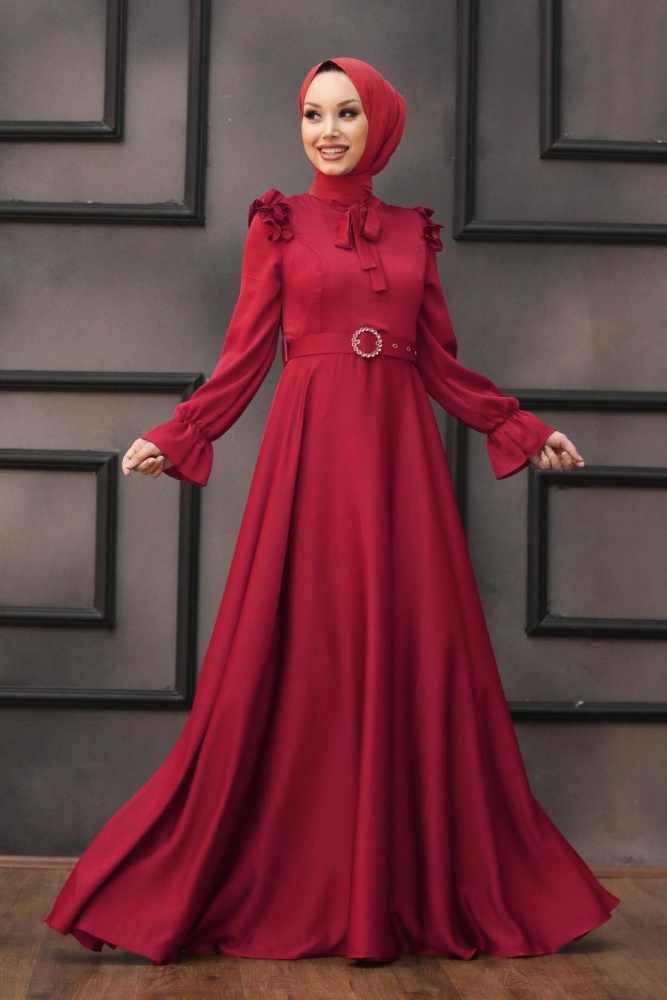 Neva Style -Satin Claret Red Muslim Bridal Dress 27240BR - 1