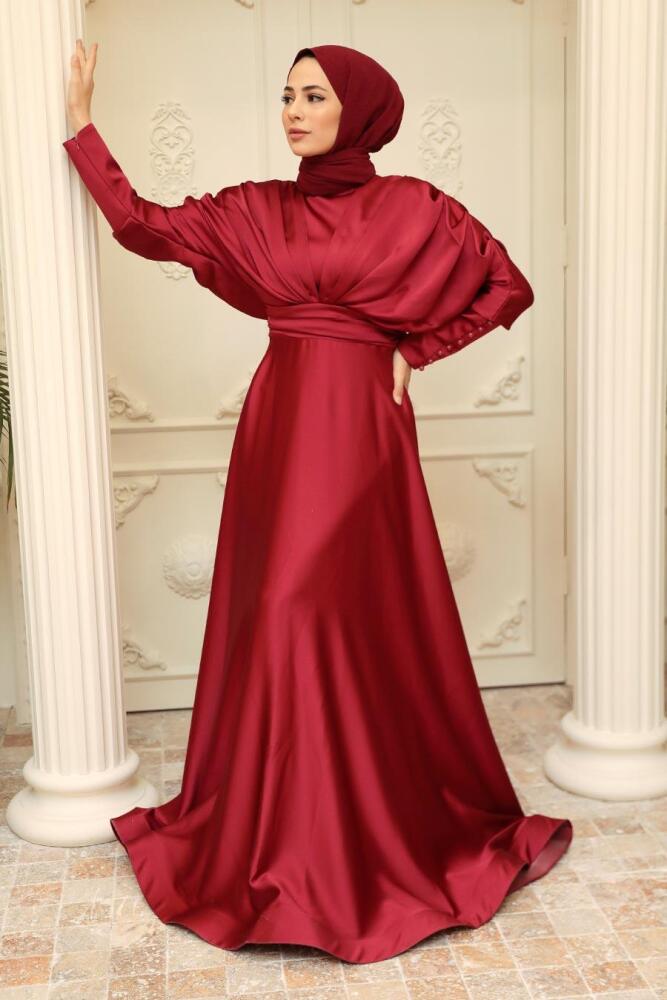 Neva Style - Satin Claret Red Muslim Prom Dress 22470BR - 1