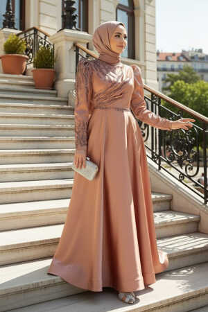 Neva Style - Satin Cooper Hijab Evening Dress 2239BKR - 1
