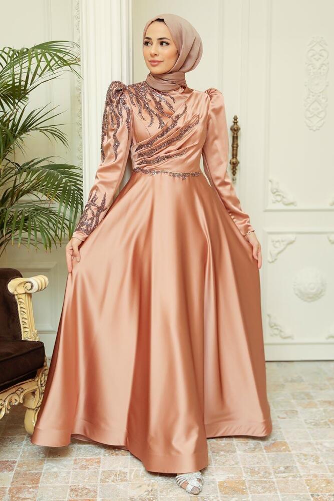 Neva Style - Satin Cooper Hijab Evening Dress 2239BKR - 2