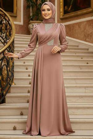 Satin Copper Hijab Wedding Dress 22891BKR - 1