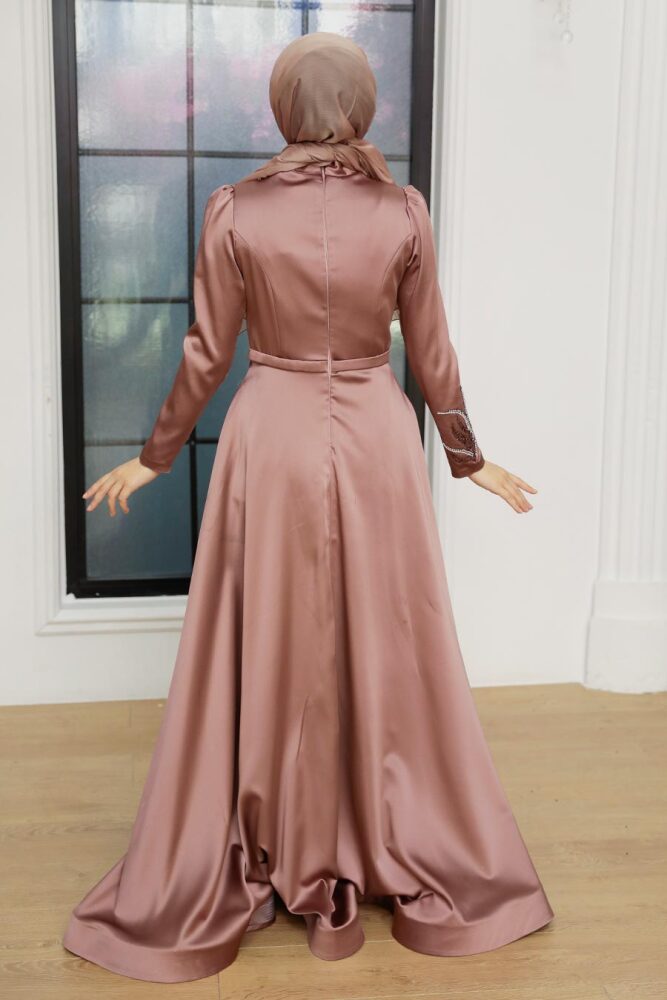 Neva Style - Satin Copper Hijab Wedding Gown 22401BKR - 3